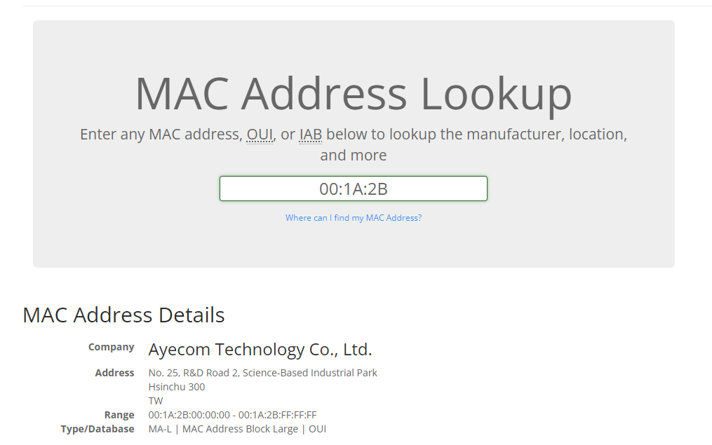 Check the Vendor details using the first 3 pairs: https://www.macvendorlookup.com